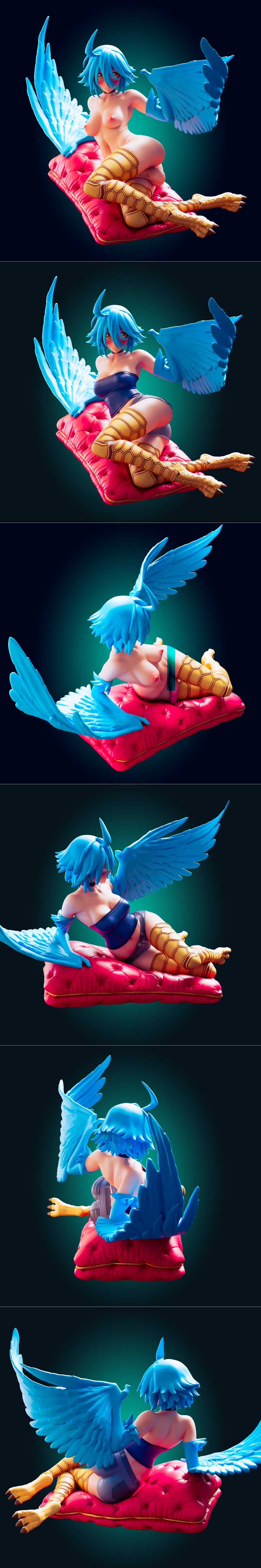3D model of Papi, a blue-haired harpy girl from Monster Musume, sitting on a red cushion with large blue wings spread.