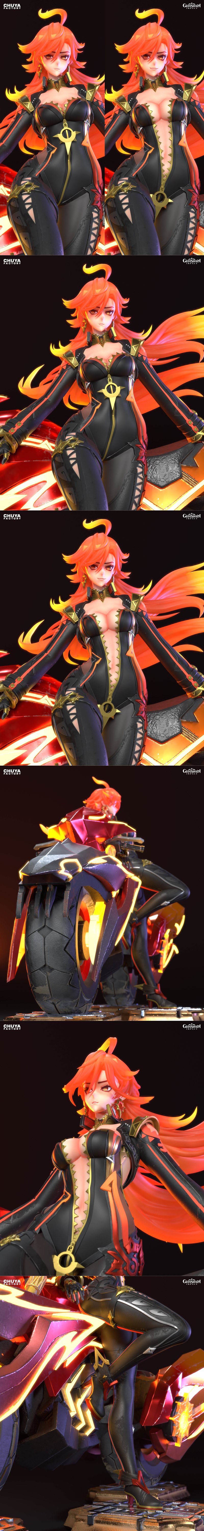 Mavuika from Genshin Impact, a female character with fiery orange hair, wearing a black bodysuit, poses on a red and...