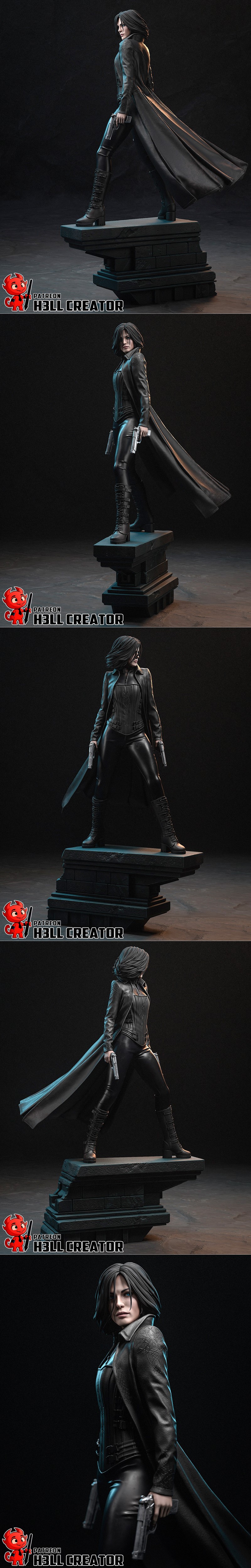 3D model of Selene from Underworld, wearing a long leather coat and holding a gun, standing against a full moon.