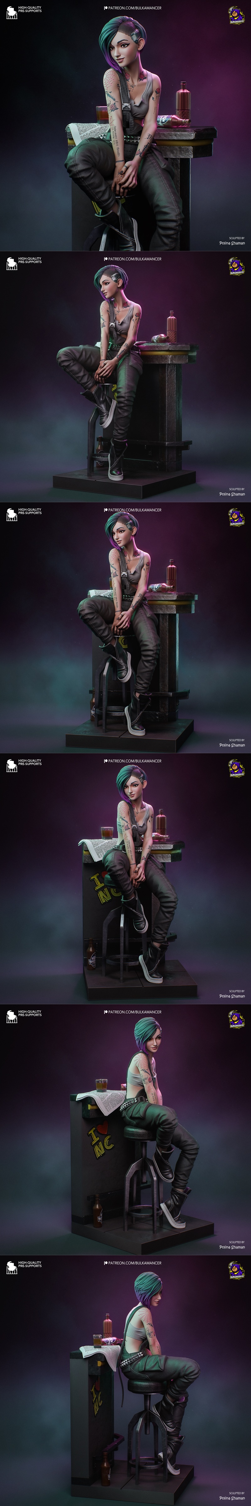 3D model of Judy from Cyberpunk 2077, seated, wearing overalls and a crop top, with teal and purple hair and extensiv...