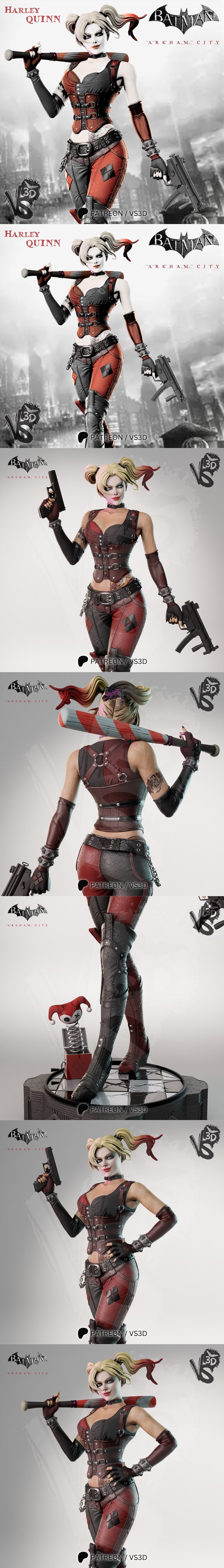 Harley Quinn figure in Arkham City costume, holding a baseball bat and pistol, with a jester jack-in-the-box at her f...