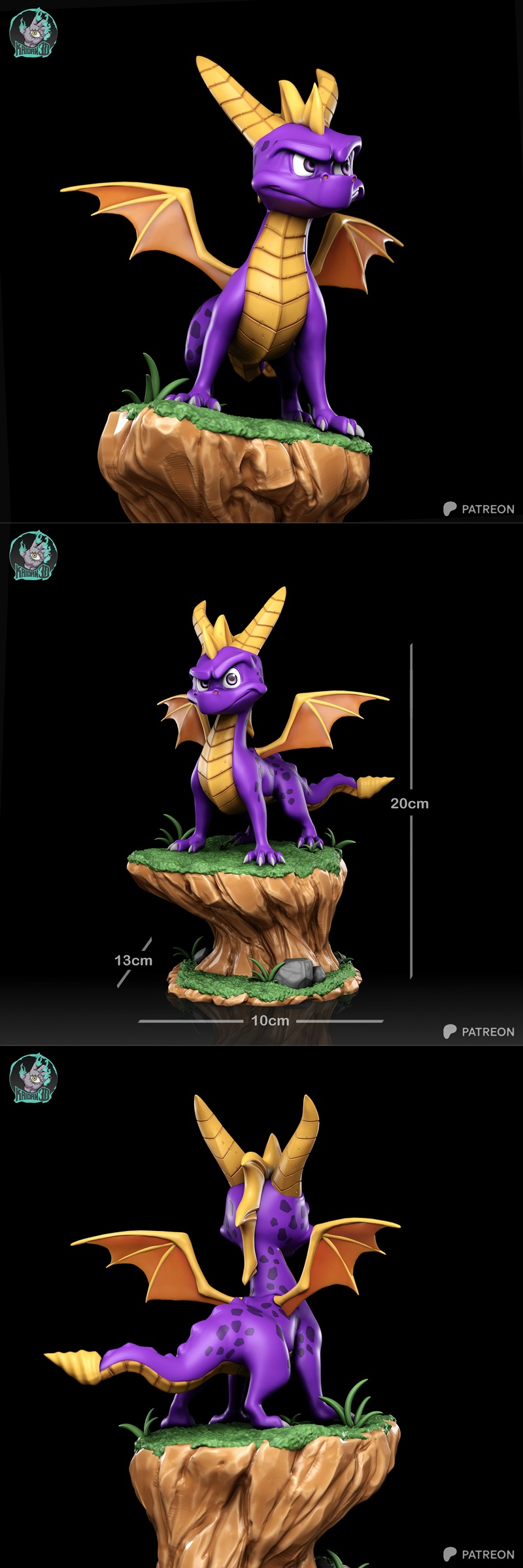 Purple dragon with yellow horns and wings, Spyro, stands on a grassy base with a determined expression. Studio Kaidan...