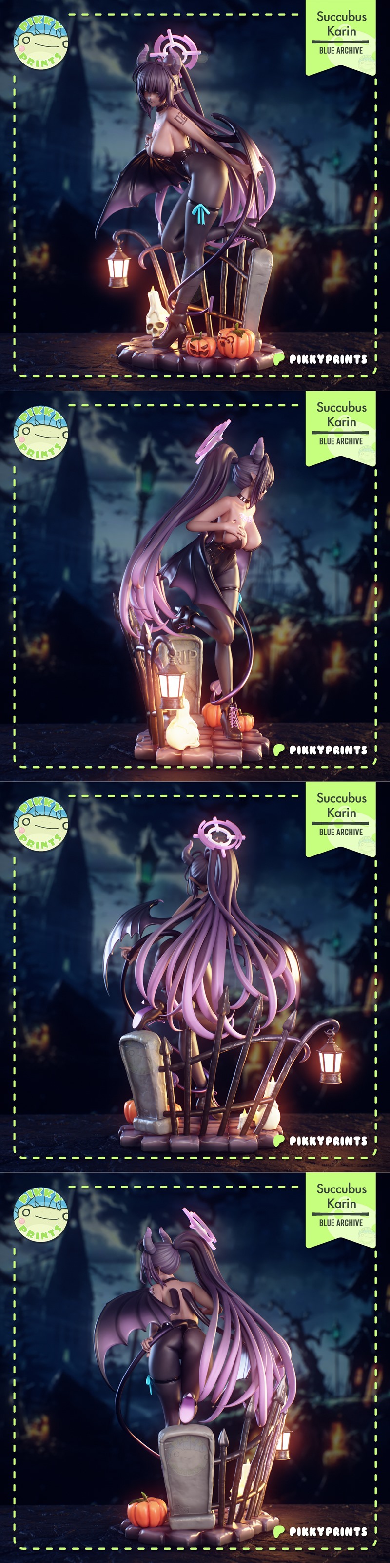 3D model of Kakudate Karin as a succubus, with black wings, horns, and revealing outfit, posed on a gothic diorama wi...