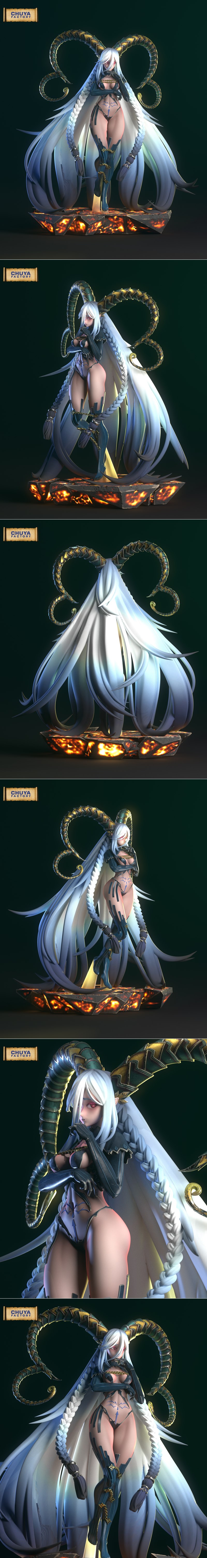 3D model of Tiamat, a female demon with white hair, red eyes, large horns, and dark revealing armor, wearing large wi...