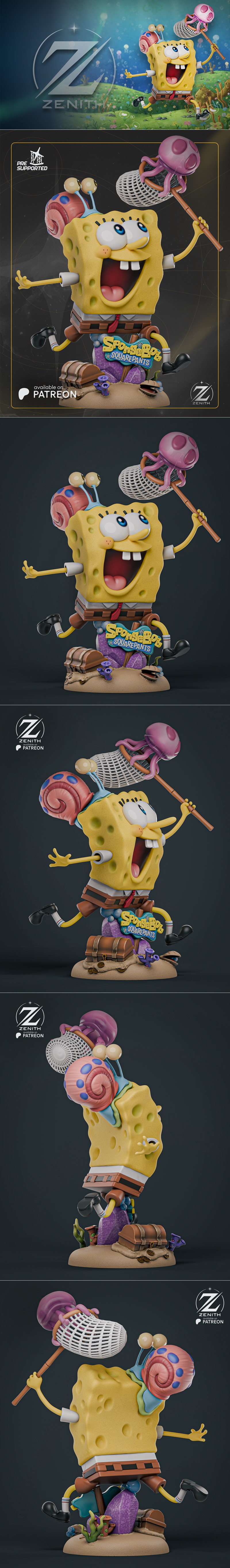 SpongeBob SquarePants character running with Gary on his head and a jellyfishing net, 3D model by Zenith Studios.