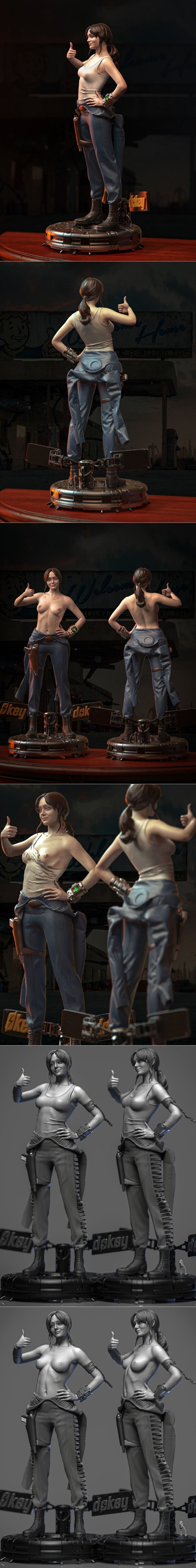 Lucy MacLean 3D model from VX-Labs, giving a thumbs-up, wearing torn tank top, blue pants, boots, and a Pip-Boy. Hols...