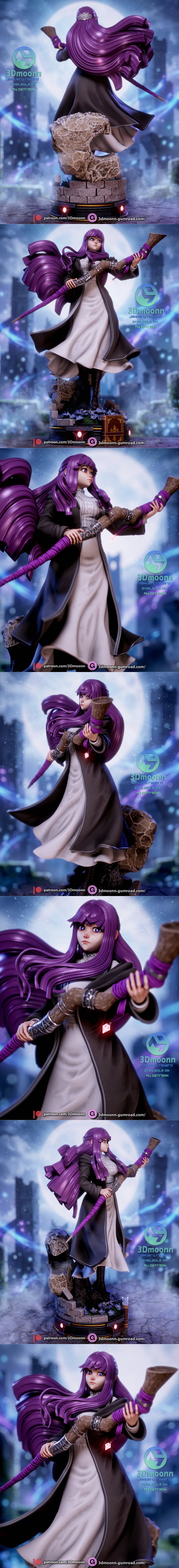 Fern from Sousou no Frieren anime character 3D model, holding a staff, wearing a dark cloak and white dress, with lon...