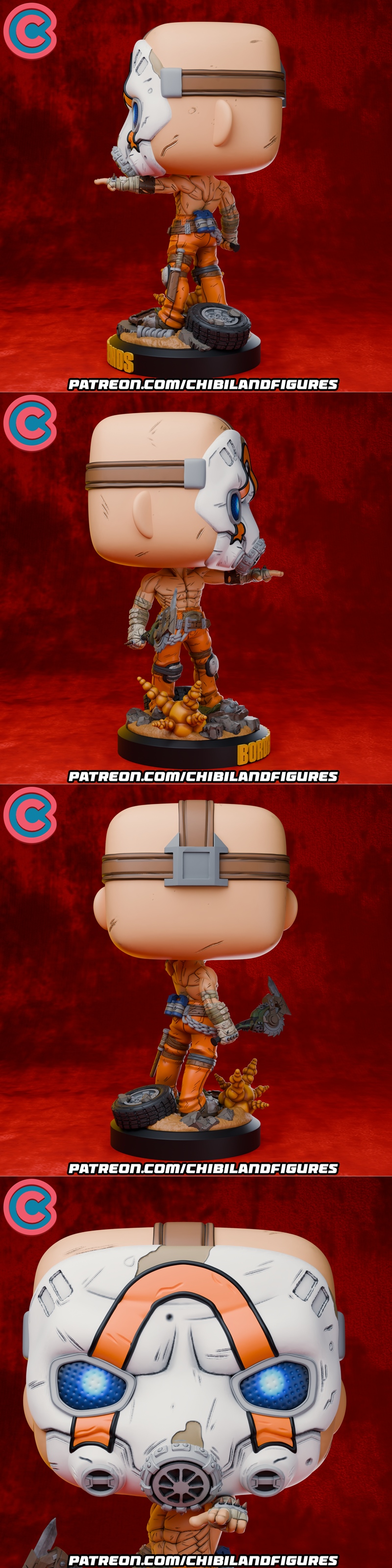 Chibi Psycho figure from Borderlands, wearing a white and orange mask with glowing blue eyes, holding an axe, standin...