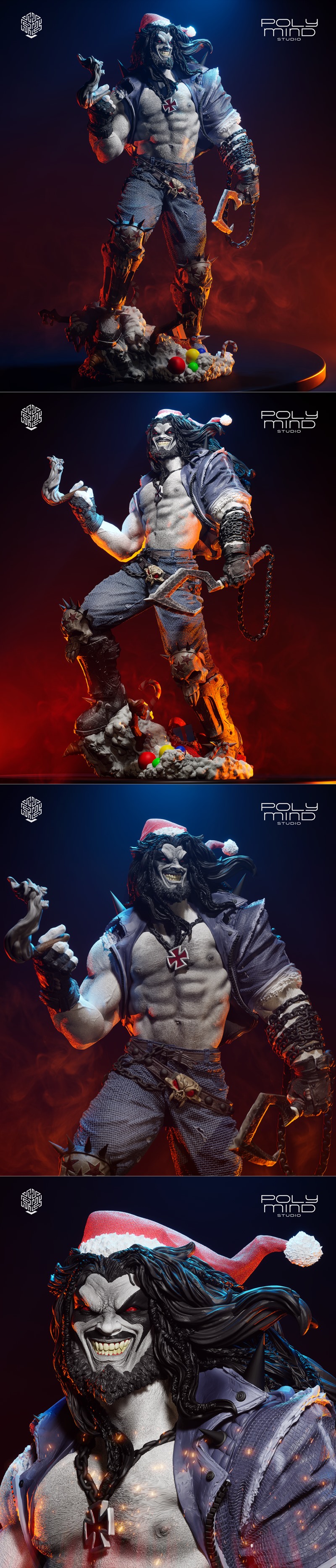 Lobo figure wearing a Santa hat, holding a chain weapon, with a muscular physique and a skull belt buckle, standing o...