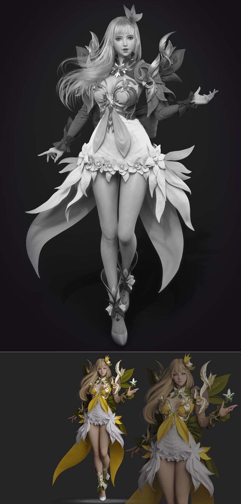 3D model of Elf Master by Zefeng Yang, a female elf in a yellow and white floral outfit with golden armor, blonde hai...