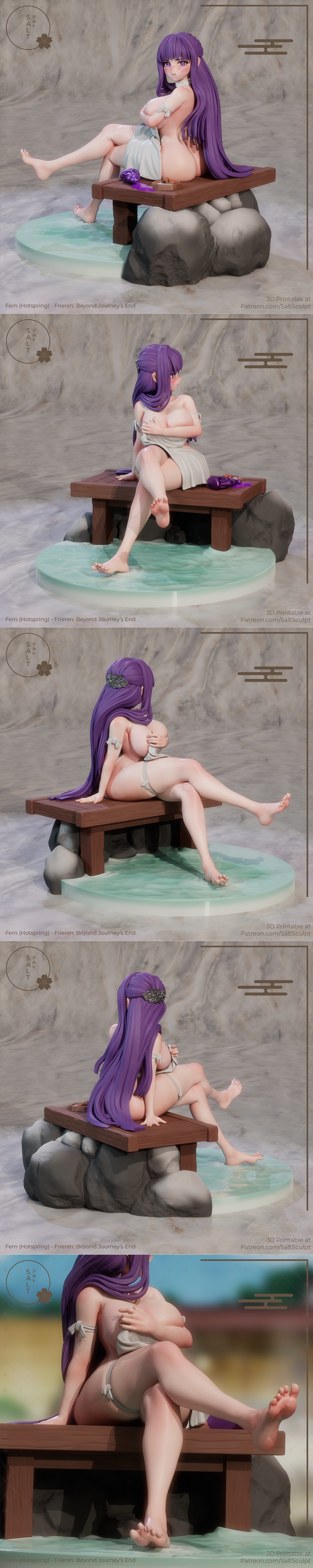 3D model of Fern from Sousou no Frieren, sitting on a wooden platform, partially covered by a towel, with purple hair...