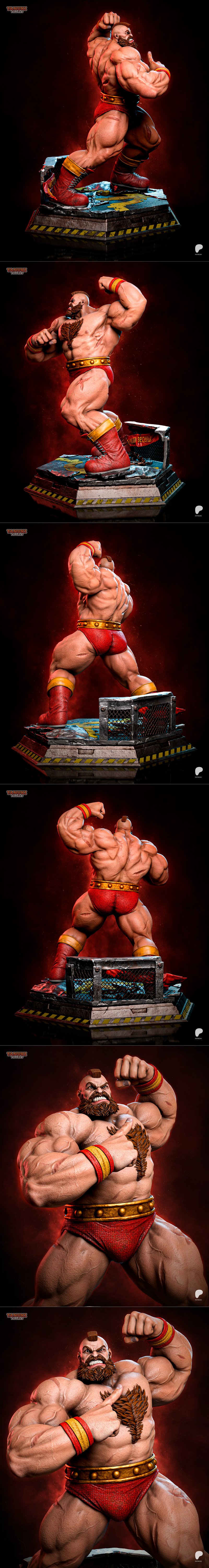 3D model of Zangief from Street Fighter, a muscular wrestler in red trunks and boots, striking a heroic pose on a det...
