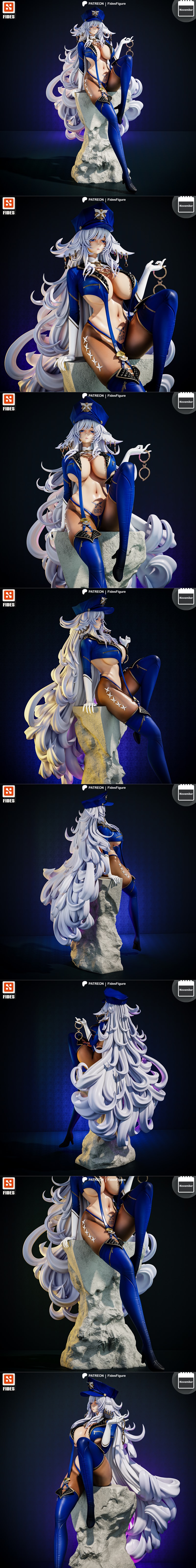 Shinano from Azur Lane figure in a blue police uniform, seated on a motorcycle, holding handcuffs. Neon city background.