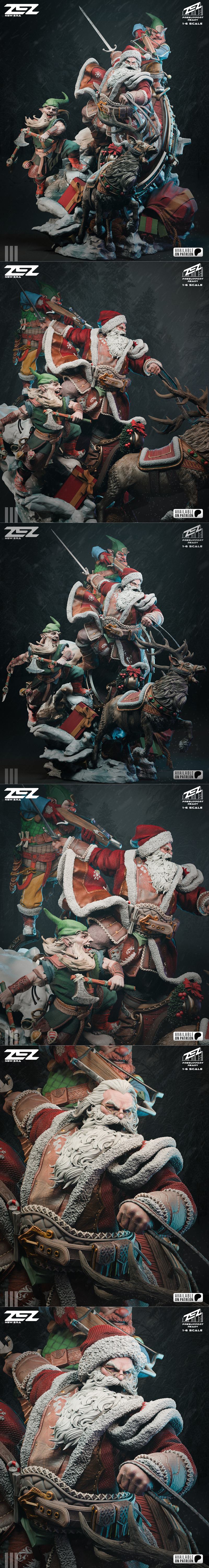 ZEZ Studio 1:6 scale Santa Claus figure in a sleigh with a reindeer, two elves, a sword, crossbow, axe, and gift sack.
