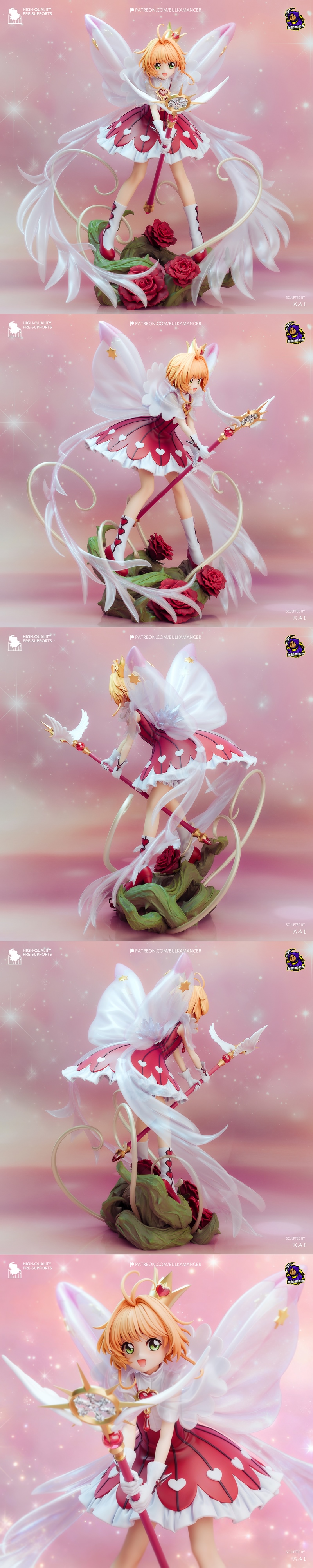 Sakura Kinomoto figure with large white wings, holding a star-tipped staff, wearing a red dress with heart accents, s...