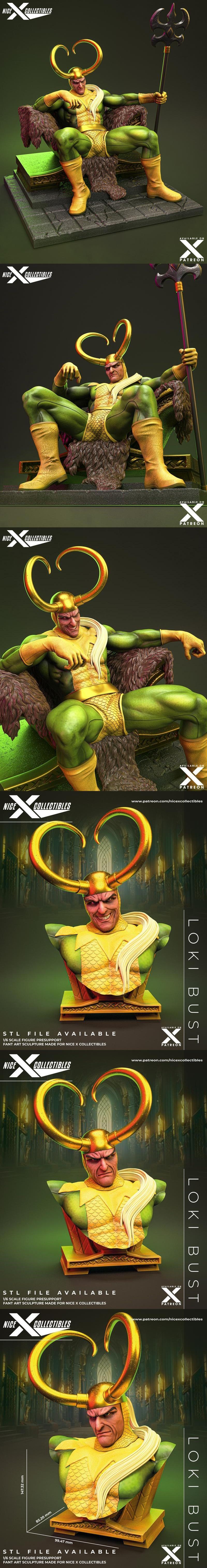 Loki figure seated on a throne, wearing green and gold costume with horned helmet, holding a scepter. 1/6 scale 3D mo...