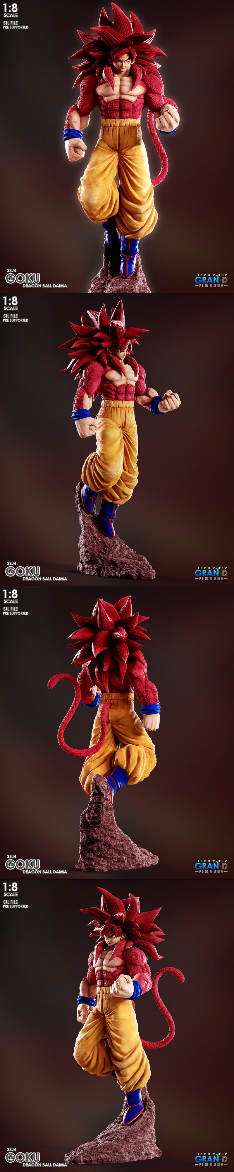 Goku in Super Saiyan 4 Daima form, 1:8 scale, with spiky red hair and fur, muscular chest, and orange pants. Model by...