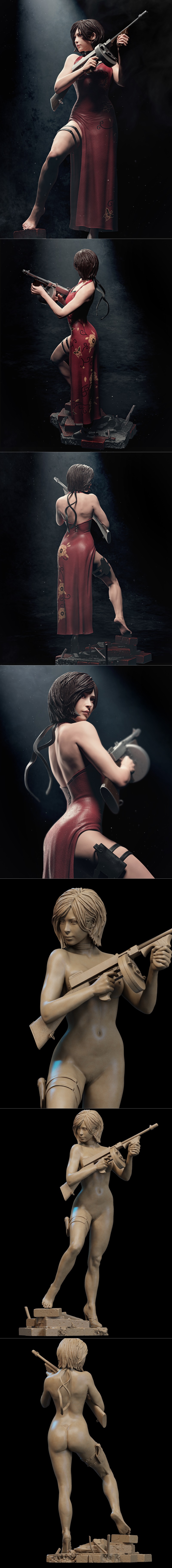 Ada Wong in a red dress holding a submachine gun, with a thigh holster, rendered as a 3D printable figure by CA 3D St...