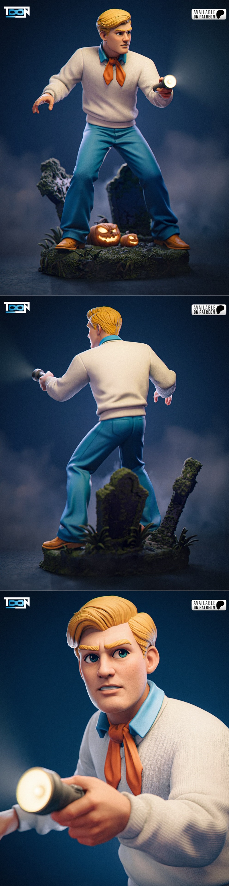 3D model figure of Fred Jones from Scooby-Doo holding a flashlight, standing on a diorama base with a tombstone and j...