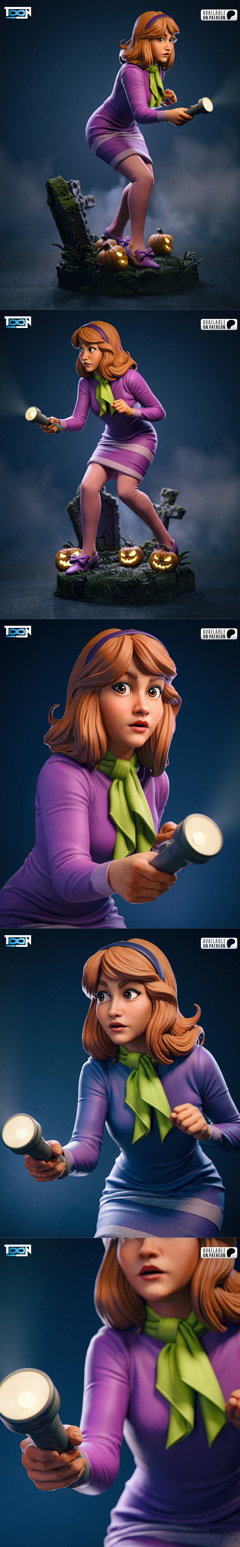 3D model of Daphne from Scooby-Doo holding a flashlight in a spooky cemetery with jack-o'-lanterns.
