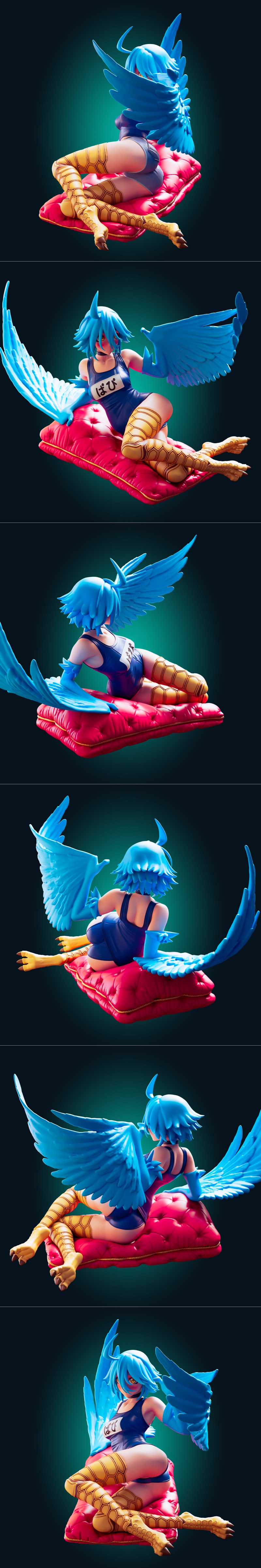 3D model of Papi, a blue-haired harpy girl from Monster Musume, sitting on a red cushion with large blue wings spread.