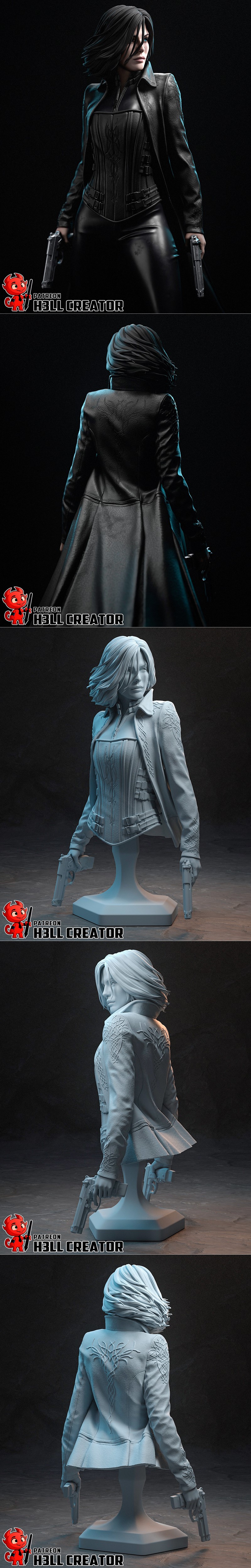 3D model of Selene from Underworld, wearing a long leather coat and holding a gun, standing against a full moon.