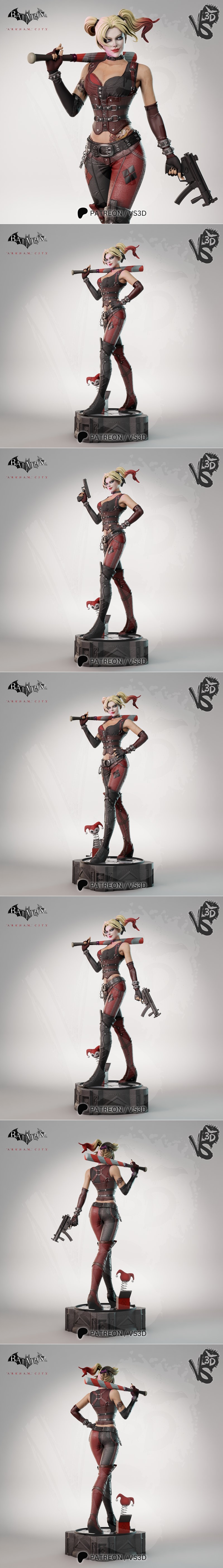 Harley Quinn figure in Arkham City costume, holding a baseball bat and pistol, with a jester jack-in-the-box at her f...