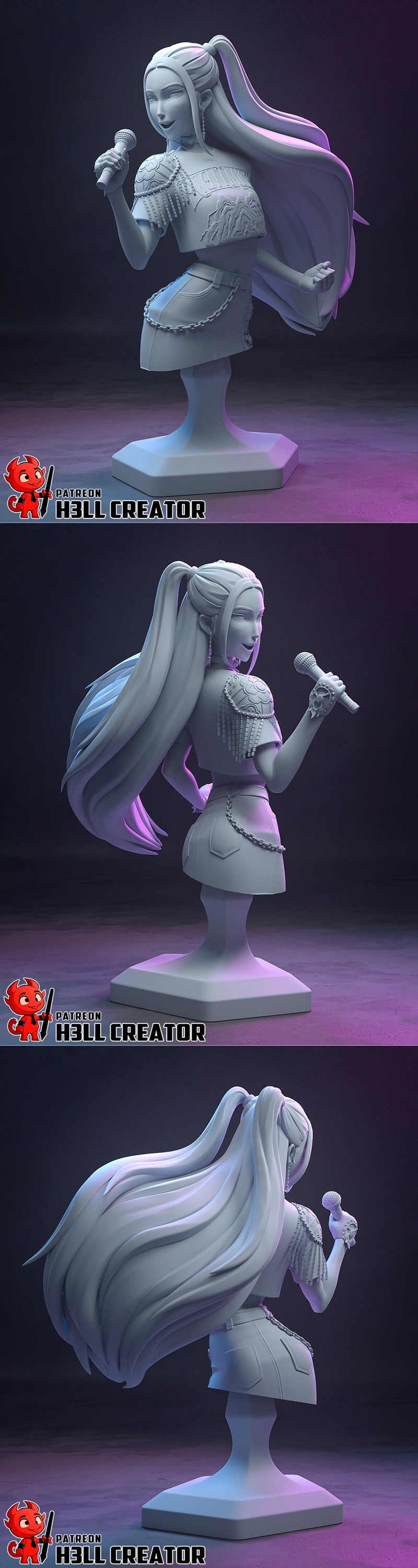 3D model of Mira, a K-pop demon hunter, holding a microphone on stage. She wears a cropped t-shirt, orange skirt with...