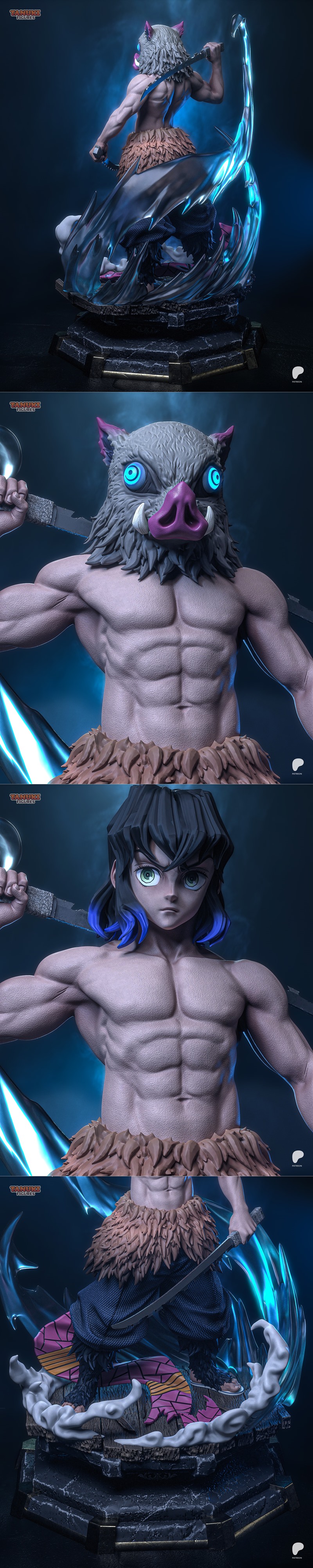 3D model figure of Inosuke Hashibira from Demon Slayer, wearing a boar mask and loincloth, wielding dual swords with...