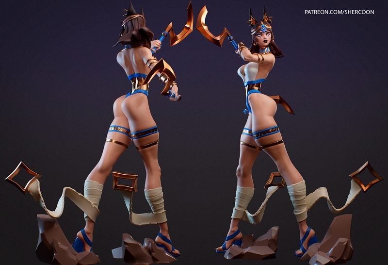 Mirit 3D model figure, Egyptian-inspired, wearing revealing blue and gold outfit, holding two golden scythes, jackal-...