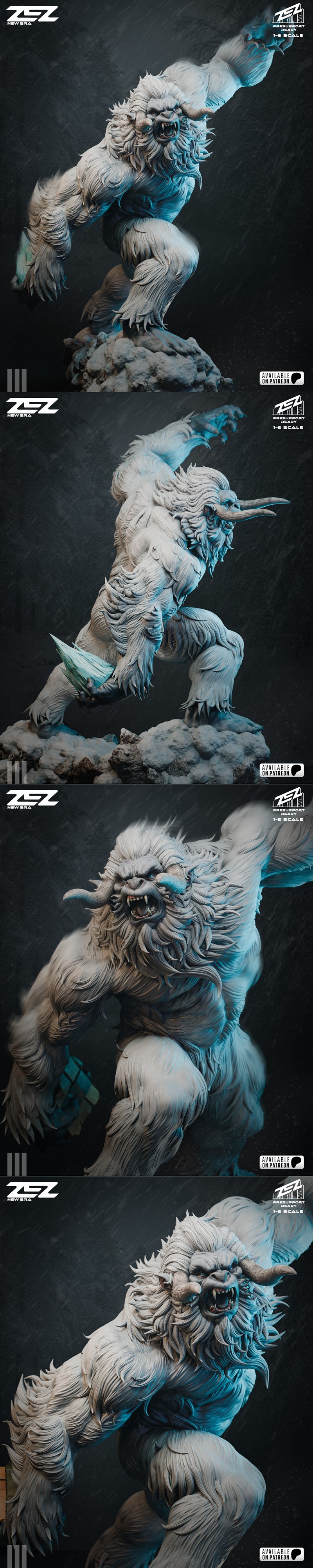 ZEZ Studio Yeti 3D model, 1:6 scale, roaring with sharp teeth and horns, standing on a snowy rock base, with falling...