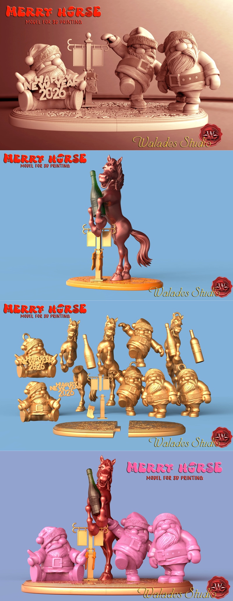3D printable model of a horse holding a bottle, surrounded by two Santa Claus figures. One Santa sits with a 'Happy N...