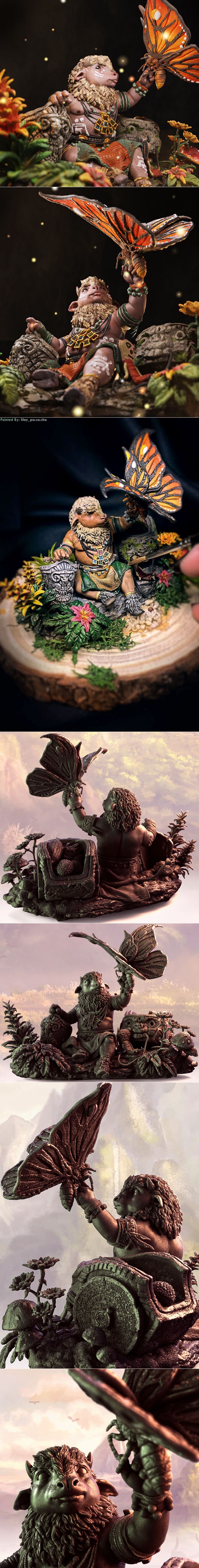 Fantasy creature with bovine head and furred limbs holding a butterfly, surrounded by plants and mushrooms. Detailed...