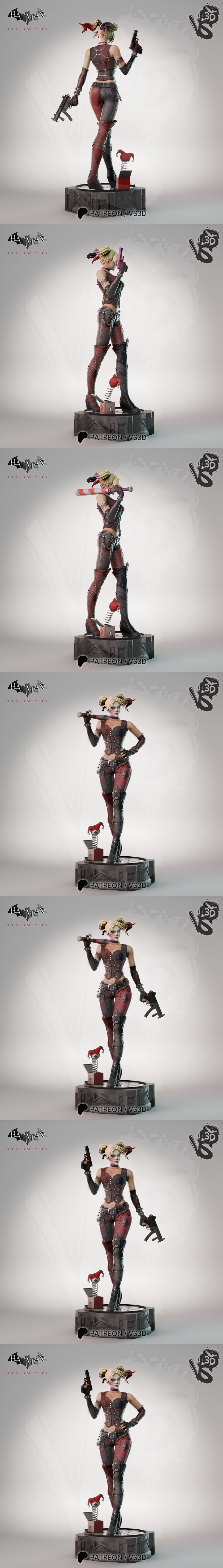 Harley Quinn figure in Arkham City costume, holding a baseball bat and pistol, with a jester jack-in-the-box at her f...