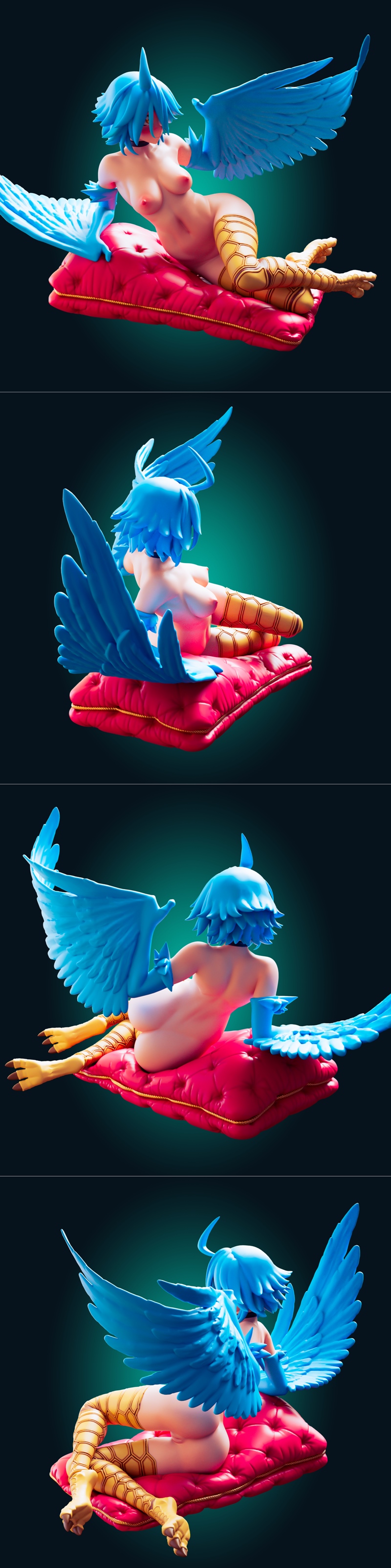3D model of Papi, a blue-haired harpy girl from Monster Musume, sitting on a red cushion with large blue wings spread.