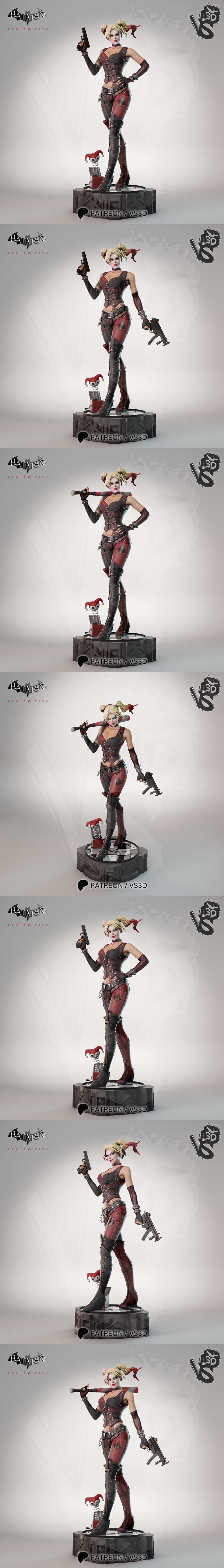 Harley Quinn figure in Arkham City costume, holding a baseball bat and pistol, with a jester jack-in-the-box at her f...