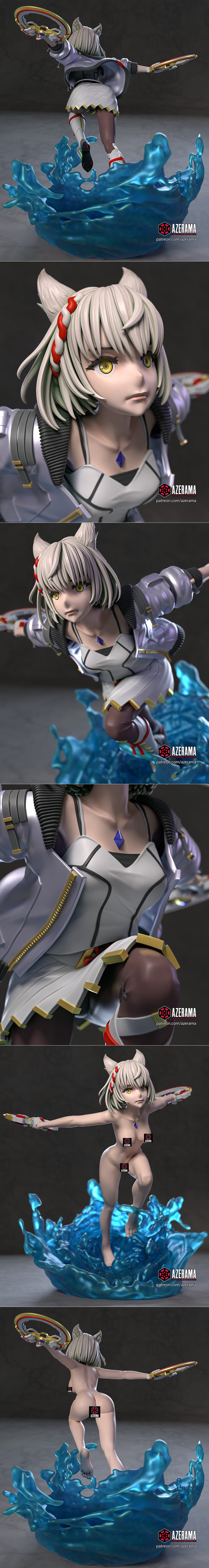 Mio from Xenoblade Chronicles 3D model by Azerama, posed dynamically on a water splash base, holding dual weapons.