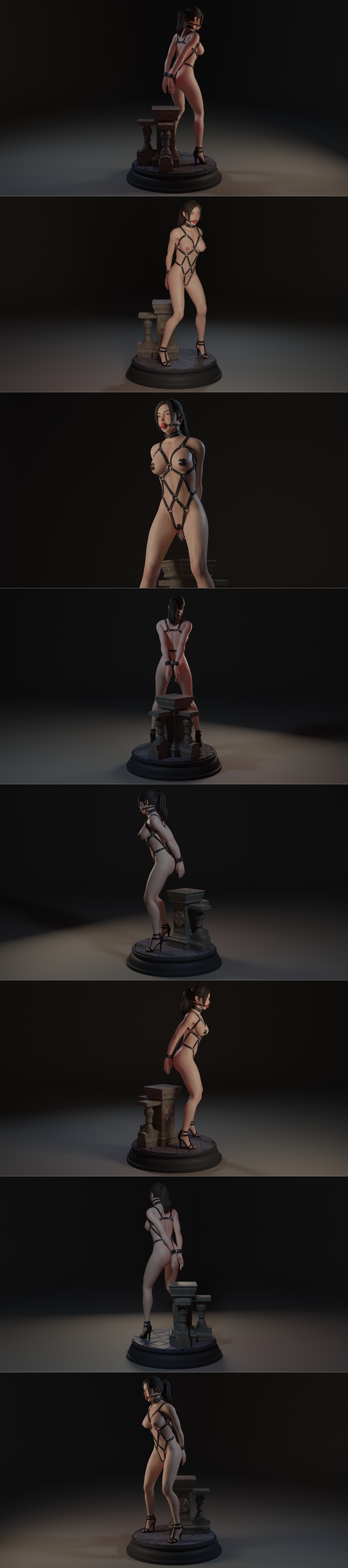 Claire Redfield 3D model in a black harness and ball gag, standing on a base with Umbrella Corporation symbols. High...