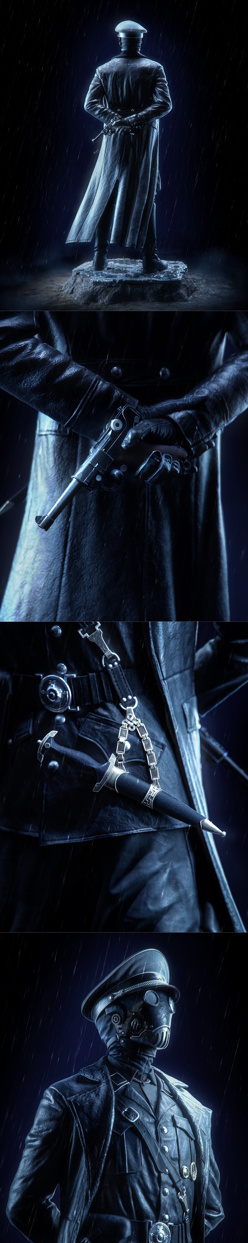 Karl Ruprecht 3D model figure in a dark military uniform with a cap and mask, standing on a stone base in simulated r...