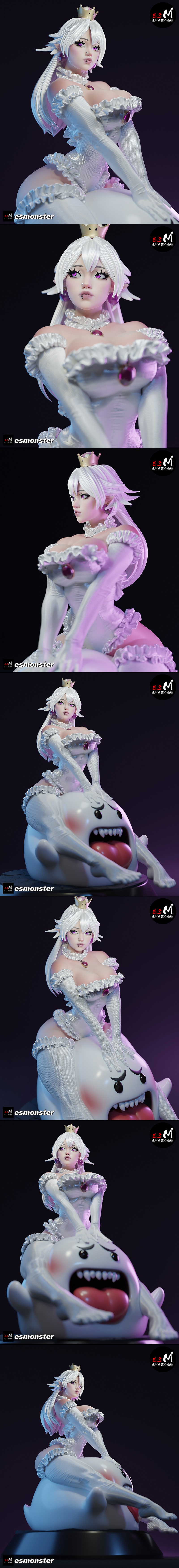 Booette figure in white lingerie sitting on a Boo ghost, detailed 3D model by E.S Monster.