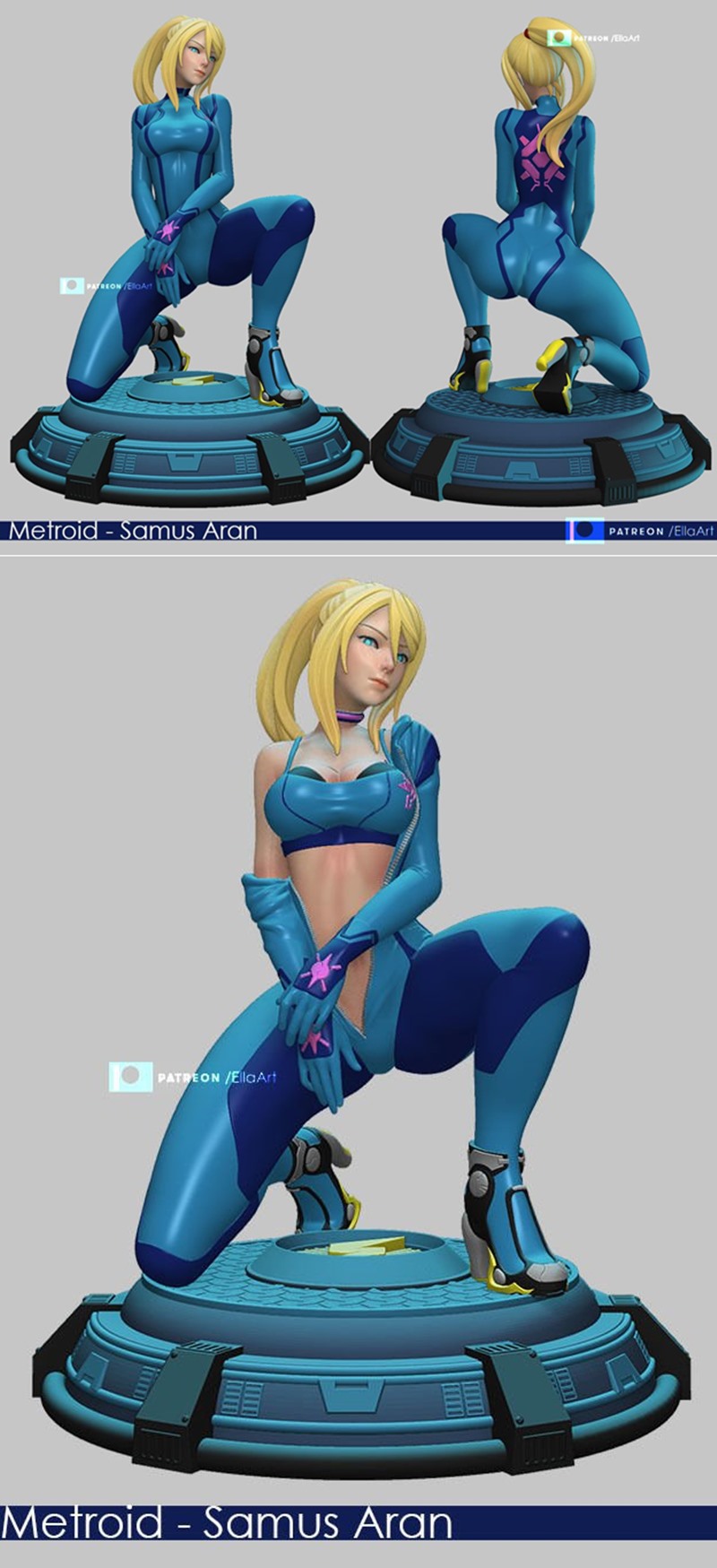 Samus Aran in Zero Suit, crouching on a detailed sci-fi base. Two views show the figure from slightly different angle...