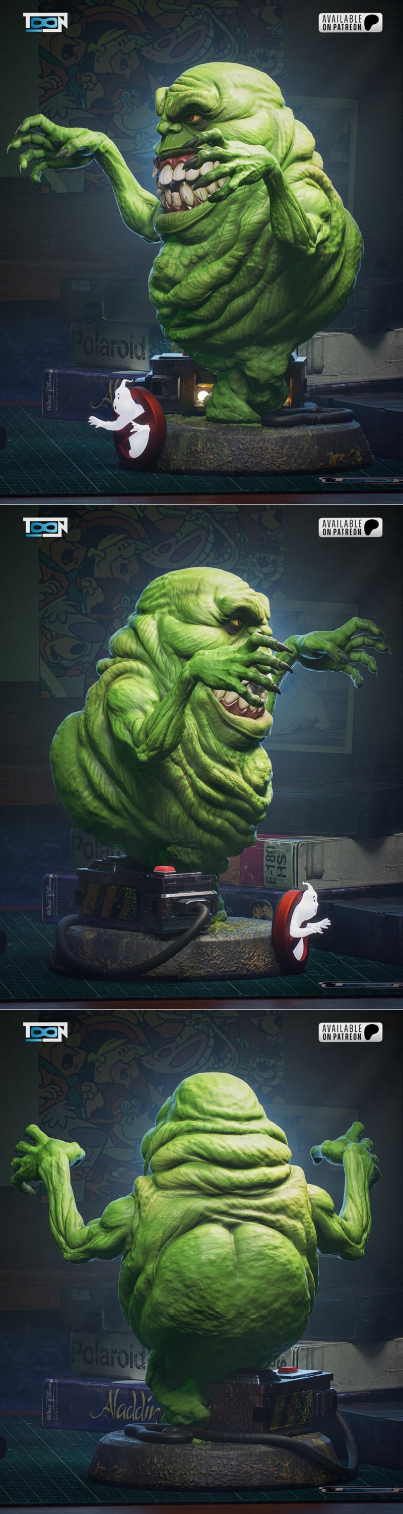 Slimer figure from Ghostbusters, green and slimy with a wide grin and sharp teeth, posed with claws extended. Include...