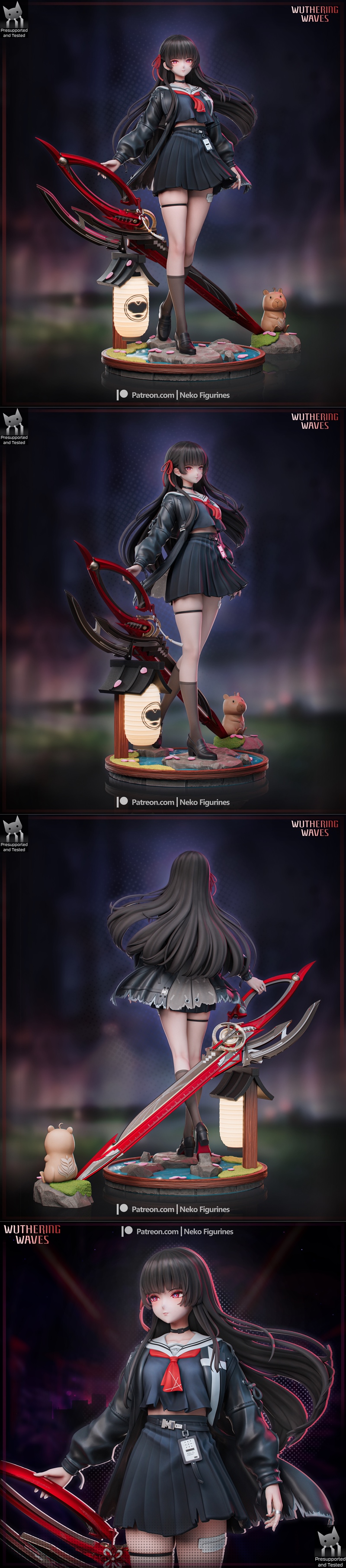 3D model of Chisa from Wuthering Waves, wearing a dark school uniform with a red scarf and ribbon in her hair, red ey...