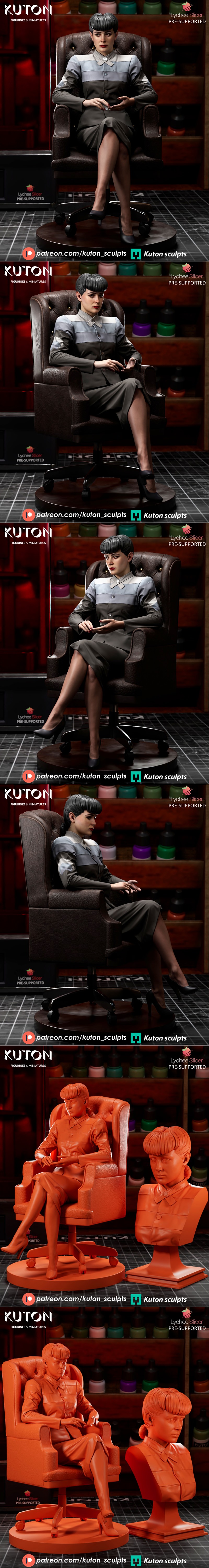 Rachel from Blade Runner seated in a leather armchair, wearing a grey and blue striped jacket and skirt. Her hair is...