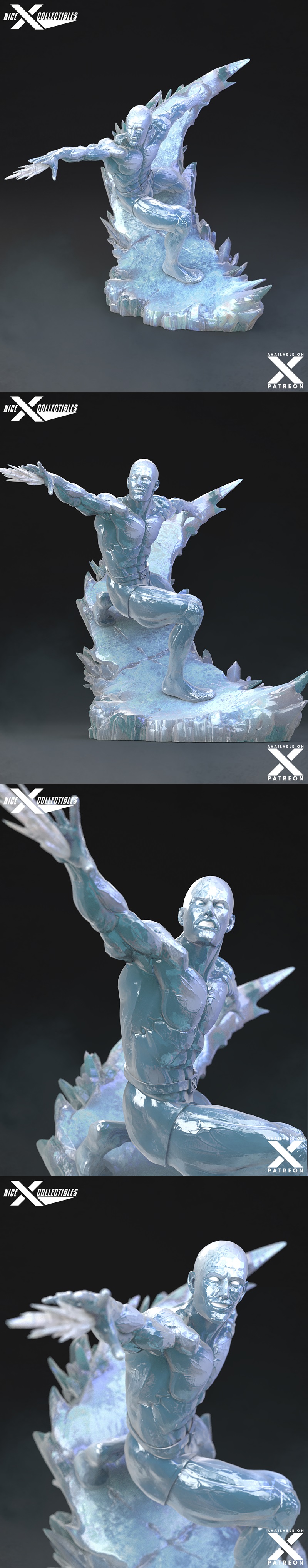 1:6 scale 3D print model of Iceman from X-Men, posed dynamically on an ice base with ice wings.