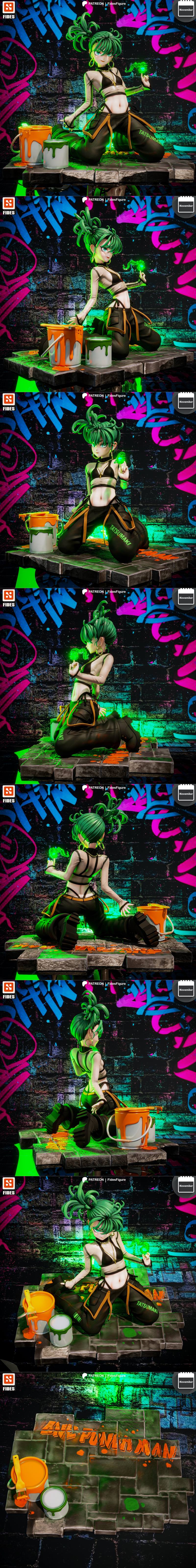 Tatsumaki from One Punch Man figure, green hair, green eyes, wearing sheer top and cargo pants, holding glowing green...