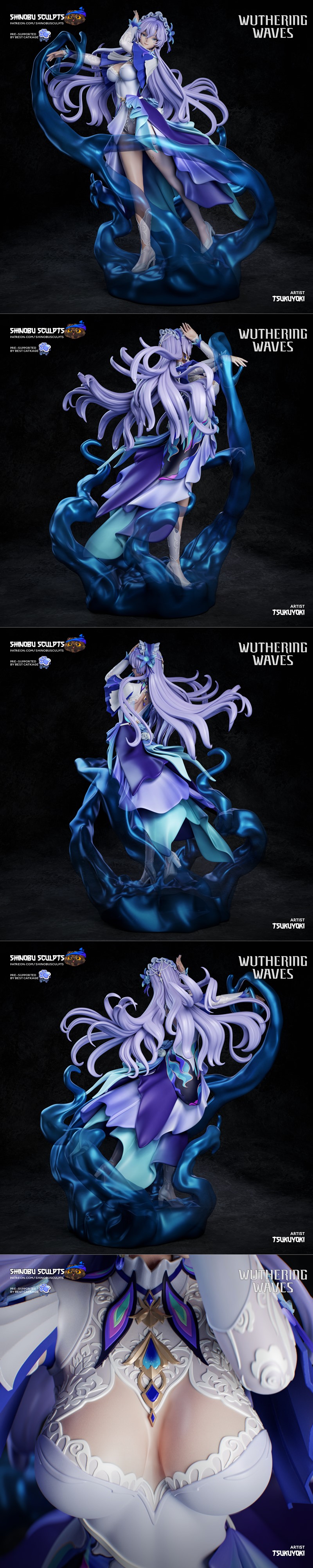 Cantarella figure from Wuthering Waves by Shinobu Sculpt, wearing a white and blue dress with flowing purple hair and...