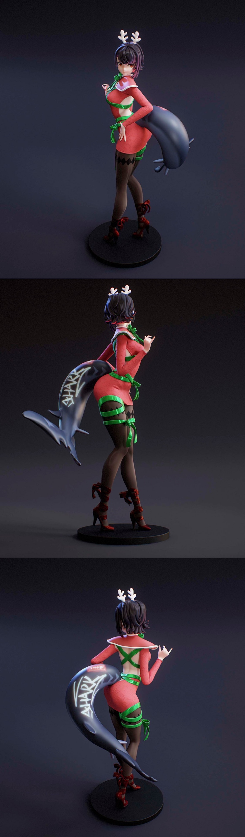 3D model of Christmas Ellen Joe, an anime character in a red holiday dress with green ribbons, reindeer antlers, and...