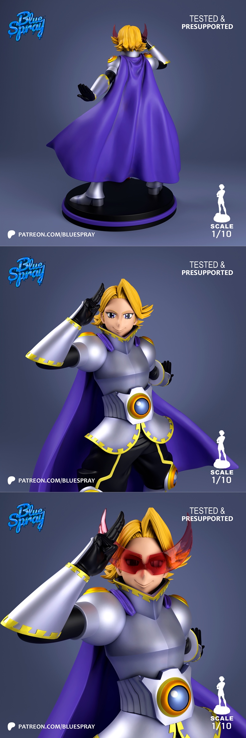 1:10 scale 3D print model of Yuga Aoyama from My Hero Academia, wearing silver armor, a purple cape, and a mask, in a...