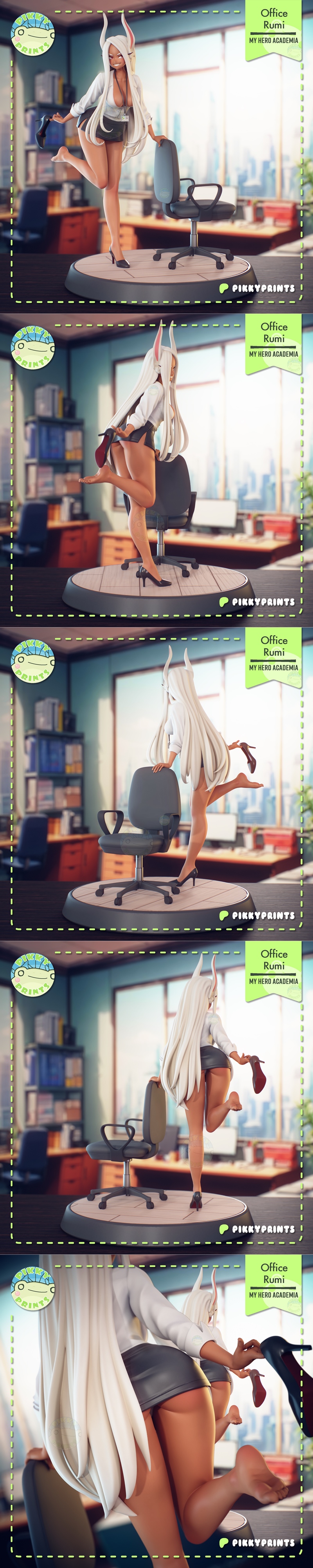 Mirko from My Hero Academia in an office setting, wearing an unbuttoned white shirt and short skirt, holding a high h...